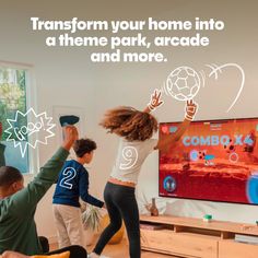 two children and an adult are playing video games on the television screen with text that reads transform your home into a theme park, arcade and more