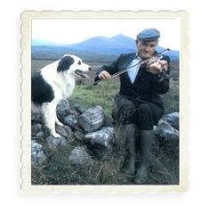 a man playing violin with his dog on the side of a hill in front of him