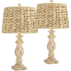 two wooden table lamps with matching shades on each lamp, one is white and the other is beige