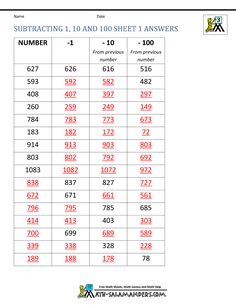 a table with numbers and times for students to practice subtracting 10 and 100 sheets