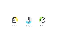 four different types of icons with the words design, deliver and deline on them