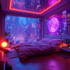 a bedroom with neon lights and a bed in front of a window that looks out onto the city