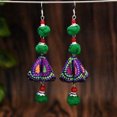 New handmade women's earrings ethnic style original Joker fabric colored ball embroidered earrings Traditional Green Beaded Earrings For Festivals, Handmade Green Danglers For Festivals, Bohemian Embroidered Earrings For Festivals, Handmade Traditional Flower Earrings For Festivals, Traditional Handmade Flower Earrings For Festivals, Traditional Drop Earrings For Summer, Traditional Embroidered Drop Earrings, Traditional Pink Earrings For Summer, Traditional Multicolor Flower Earrings