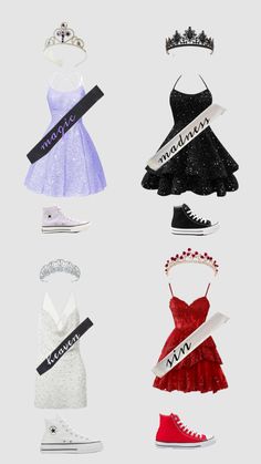 six different types of dresses and shoes with crowns on top of each one, all in different colors