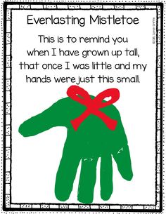 a green hand with a red bow on it saying, everlasting mistetoe