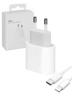 an apple charger and adapter with the box open