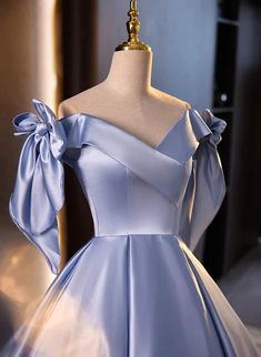 Floor Length Blue Satin Ball Gown Off Shoulder Long Party Dress With Train Blue Satin Prom Dress, Satin Ball Gown, Prom Dresses Yellow, Purple Prom Dress, Blue Dress Formal, Satin Prom Dress, Green Prom Dress, Sweet 16 Dresses, Pink Prom Dresses