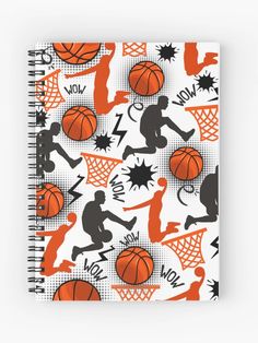 an orange and black basketball pattern on a white background spiral notebook with the silhouettes of people playing basketball