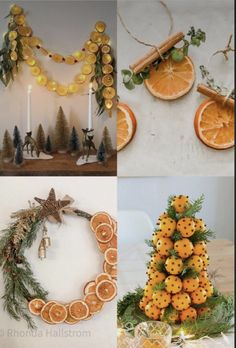 four different pictures with oranges and christmas decorations