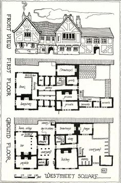 an old house with two floors and three stories on the first floor, in black and white