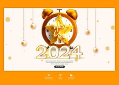 the new year landing page with an alarm clock and golden stars on it, which are hanging from strings