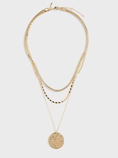 Triple Layer Round Pendant Necklace | Banana Republic Gold-tone Multi-strand Jewelry Gift, Gold-tone Multi-strand Jewelry As A Gift, Gold-tone Multi-strand Jewelry For Gifts, Metal Jewelry With Lobster Clasp For Fashion, Chic Multi-strand Metal Jewelry, Gold Metal Necklace For Accessorizing, Trendy Round Necklace With Lobster Clasp, Trendy Jewelry With Adjustable Chain For Accessorizing, Chic Metal Jewelry With Lobster Clasp