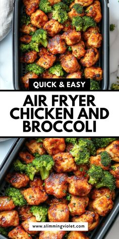 air fryer chicken and broccoli in two pans with text overlay