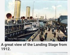 an old photo of people walking on the street in front of a large boat and some buildings