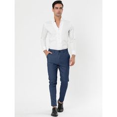 These pants feature a button front with a zip-fly closure, and the classic striped design. Made of comfortable fabric, these striped trousers give you a different wearing experience and are suitable for day and night wear. These pants are easy to match and can be worn with shoes and casual shirts to create a casual business style. At the same time, it can be suitable for various occasions, such as business offices, gatherings, weddings, dates, parties, etc. Pinstripe Dress Pants For Business, Striped Business Pants With Welt Pockets, Striped Business Trousers, Striped Trousers For Business, Striped Pants With Welt Pockets For Business, Striped Dress Pants With Welt Pockets For Business, Shipt Shopper, Striped Fabrics, Model Body