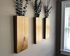 three wooden vases with plants in them hanging on the wall next to a window