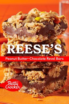 reese's peanut butter - chocolate revel bars are stacked on top of each other