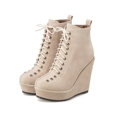 Lace Up Front Women Wedge Ankle Boots Fall Suede High Heel Wedge Boots, Winter Platform Wedge Boots, Suede Wedge Heel Boots For Winter, Suede Wedge Heel Winter Boots, Cream Lace-up Suede Boots, Spring Suede Wedge Boots With Round Toe, Beige Platform Lace-up Boots, Beige Suede High-top Lace-up Boots, Winter Suede Boots With Wedge Heel