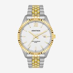 Embrace classic sophistication with this gold two-tone stainless steel watch. Featuring a round case and a crisp white glossy dial, it's complemented by a stainless steel bezel and a matching gold two-tone stainless steel band secured with a fold-over buckle closure. With water resistance up to 50 meters, this watch combines timeless style with practical durability.Number of Batteries: 1Features: Adjustable, Quick ShipBattery Type: Silver OxideJewelry Closure: Fold Over ClaspPower Source: Batter White Stainless Steel Watches With Subdials, White Stainless Steel Watch Accessories, Metal Watches With Round Dial For Anniversary, White Metal Watches With Metal Dial, Classic Metal Watches With Subdials, White Metal Watch With Metal Dial, White Analog Watches For Anniversary, White Analog Watch For Anniversary, Mens Gold