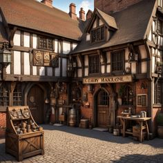 an old - fashioned building with lots of windows and wooden furniture in front of it