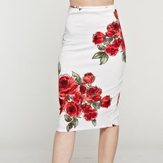 Floral, Midi, High Waisted Skirt In A Fitted Style With A Back Zipper Liverpool Poly 65% Rayon 30% Spdx 5% Made In Usa White Red Coldr Chic Rose Print Bottoms For Spring, Chic Spring Bottoms With Rose Print, Chic Red Bottoms For Brunch, Red Bottoms For Brunch, Red Floral Print Pencil Skirt, White Floral Print Pencil Skirt, Spring Red Skirt For Brunch, White Floral Print Knee-length Bottoms, Fashion Skirts