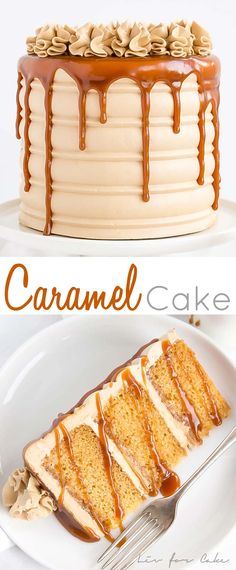 there is a cake with caramel icing on the top, and another cake with chocolate frosting on the bottom