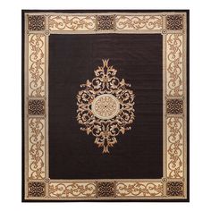 a black and gold rug with an ornate design on the center, in front of a white background