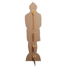 a cardboard cut out of a man holding a long pole with an arrow sticking out of it