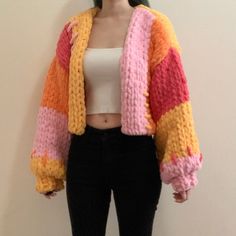 Hand Knitted Pink Sweater For Fall, Pink And Orange Clothes, Pink And Orange Fashion, Pink Knitted Sweater Coat For Fall, Pink Hand Knitted Outerwear For Fall, One Size Pink Cardigan For Fall, Pink Knit Sweater Coat For Fall, Pink Knitted Outerwear For Fall, Pink Hand Knitted Cardigan For Fall