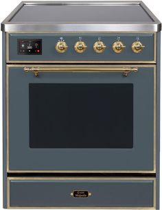 30" Freestanding Induction Range with 4 Elements, 3 Cu. Ft. Capacity, Storage Drawer, Self-Clean, European Convection, TFT Oven Control Display, and Triple Glass Cool Door: Blue Grey with Brass Trim. Magnetic waves induce heat directly in the pan for quick boiling and intense sears, leaving less heat on the surface. The large capacity oven gives plenty of space to cook multiple dishes. It provides storage for pots and pans. It also serves as the dish warmer drawer by using the residual heat from Ilve Range, Kitchen Centerpiece, Freestanding Cooker, Induction Range, 4 Element, Volt Ampere, Brass Trim, 4 Elements, Cool Doors