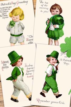 four cards with pictures of children in green outfits and shamrocks on them, one is for st patrick's day