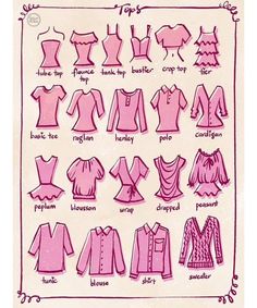 the instructions for how to make dresses and blouses in pink, with pictures of different styles