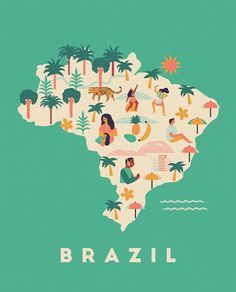 an illustrated map of the country of brazil with people and animals on it's side