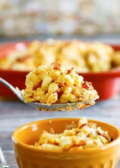 a spoon full of macaroni and cheese casserole