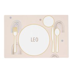 a placemat with the word leo on it and silverware in front of it