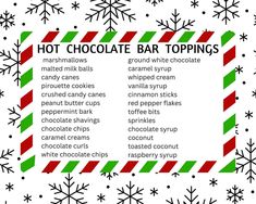 hot chocolate bar toppings list with snowflakes and candy canes on white background