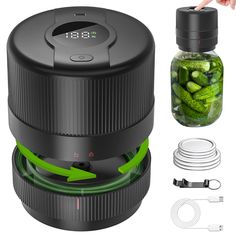 a jar filled with pickles next to a camera lens and other items for photography