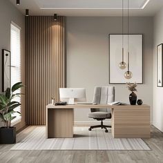 an office with wood paneling and white furniture in the center, along with a large potted plant