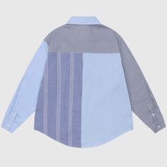 Material: 80% CottonFeatures: Shirts, lapel, long sleeve, stripe patchwork design, relaxed fit, soft and breathable, unisex, couple outfits.Style: Casual, college Blue Cotton Shirt With Contrast Stripes, Blue Long Sleeve Shirt With Contrast Stripes, Casual Blue Shirt With Contrast Stripes, Casual Striped Patchwork Shirt, Casual Striped Shirt With Patchwork, Oversized Button-up Shirt With Patchwork, Oversized Long Sleeve Patchwork Shirt, Oversized Patchwork Long Sleeve Shirt, Blue Oversized Top With Contrast Stripes