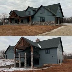 two different views of a house in the middle of winter and snow on the ground