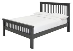 a black bed frame with white sheets and pillows on it's headboard, in front of a white background