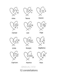 twelve zodiac signs in the shape of hearts with names and symbols for each zodiac sign