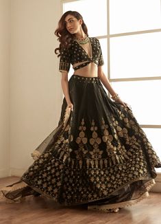 Jet Black and Gold Classic Banarasi Lehenga Set Studio Iris - Fabilicious Fashion V Neck Banarasi Blouse, Lehenga Designs V Neck, V Neck Traditional Dress, Black And Gold Ghagra Choli, V Neck Lehenga Blouse Designs, Black And Gold Indian Outfit, V Neck Blouse With Sleeves, Black Banarasi Lehenga, Black Gold Lehenga