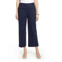 A Classic Look Gets An Update With A Smartly Cropped Length Which Creates A Summer Style That Floats All Boats. True To Size. Features A Hidden Side-Zip Closure, Side-Seam Pockets, Faux Back Welt Pockets, Button Accents. Color: Navy Size: 2 (Petite) 53% Cotton, 45% Lyocell, 2% Spandex Machine Wash Measurement Inseam - Approx 24 In Front Rise - Approx 10.5 In New With Tags This Item Has Original Tags And Shows No Visible Signs Of Wear. - Get Additional 10% Discount For 3 Items Or More From This S Cropped Leg Workwear Bottoms With Buttons, Elegant Navy Ankle-length Pants, Summer Workwear Pants With Button Cuffs, Chic Navy Bottoms For Formal Occasion, Chic Navy Formal Bottoms, Classic Navy Summer Bottoms, Navy High-waisted Formal Pants, Blue Cropped Wide Leg Workwear Pants, Spring Cropped Leg Pants With Buttons