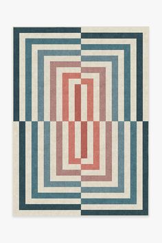 an abstract rug with red, white and blue squares in the shape of rectangles