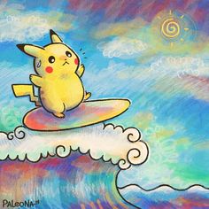 a painting of a pikachu surfing on a wave