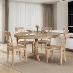 a dining room table and chairs with white curtains