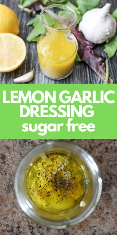 lemon garlic dressing in a small glass bowl next to sliced lemons and fresh herbs