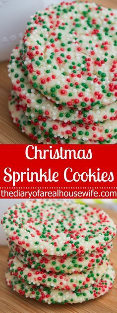 christmas sprinkle cookies stacked on top of each other with the title above it