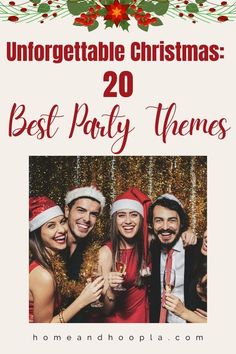 christmas party flyer with three people wearing santa hats and holding wine glasses in front of them